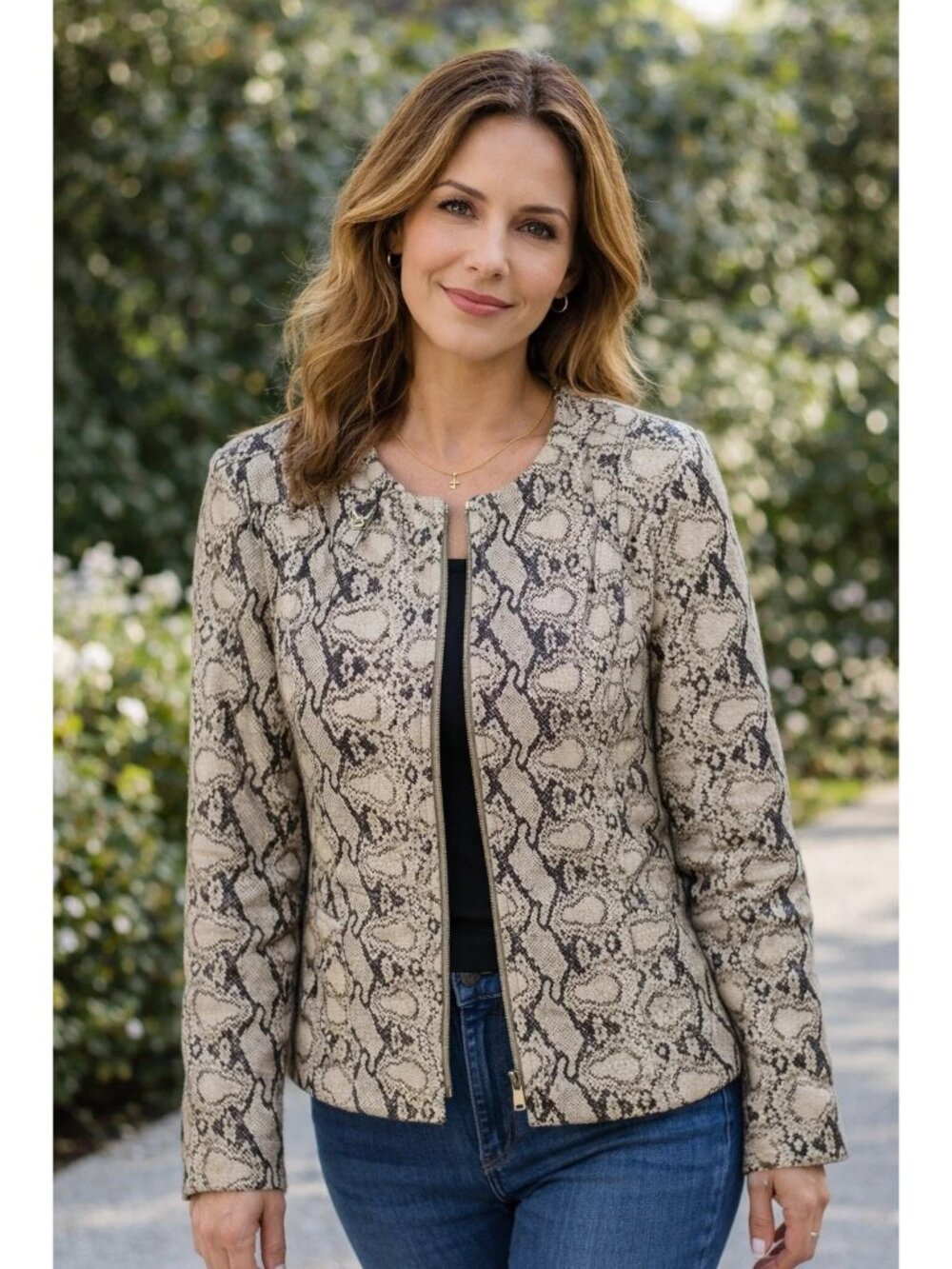 Boston Proper Jacket Large Faux Leather Python Snake Print Business Casual NEW